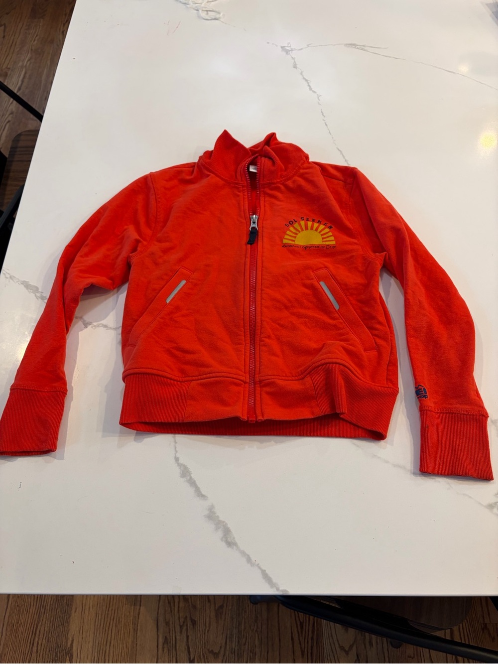 REI Kids Bright Orange Zip-Up Hoodie with Sun Patch - Size 8